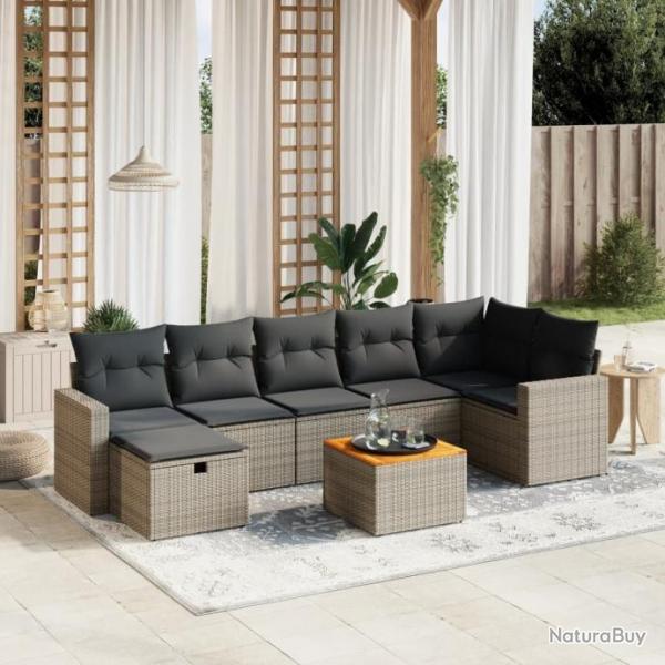 Salon de jardin 8 pcs avec coussins gris rsine tresse