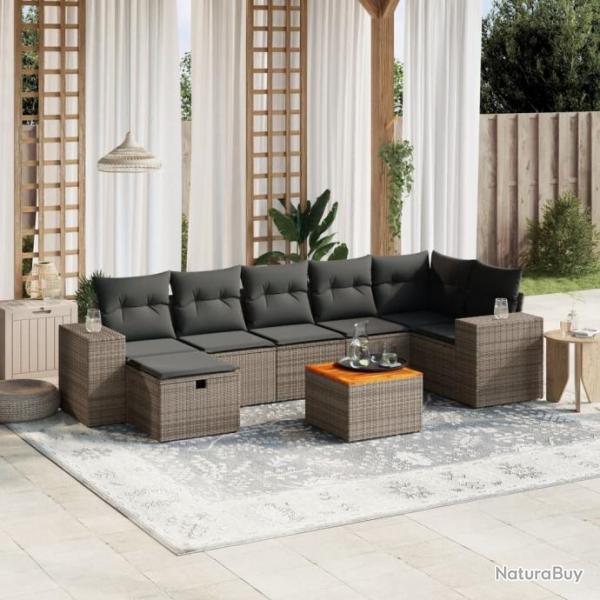 Salon de jardin 8 pcs avec coussins gris rsine tresse