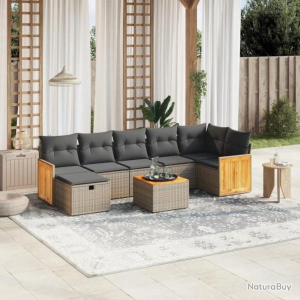 Salon de jardin 8 pcs avec coussins gris rsine tresse