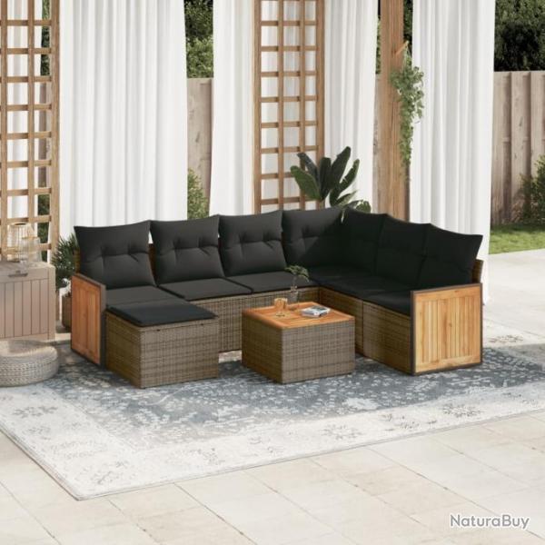 Salon de jardin 8 pcs avec coussins gris rsine tresse