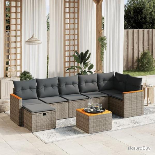 Salon de jardin 8 pcs avec coussins gris rsine tresse