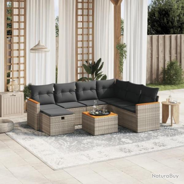 Salon de jardin 8 pcs avec coussins gris rsine tresse