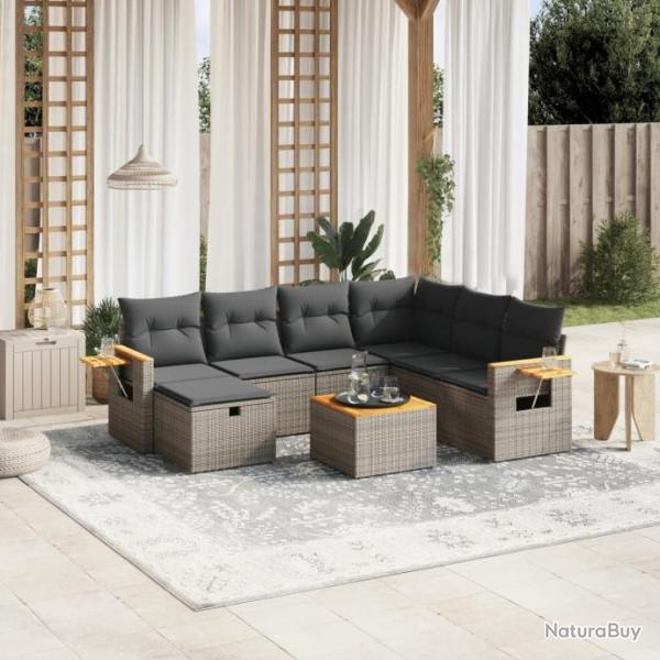 Salon de jardin 8 pcs avec coussins gris rsine tresse