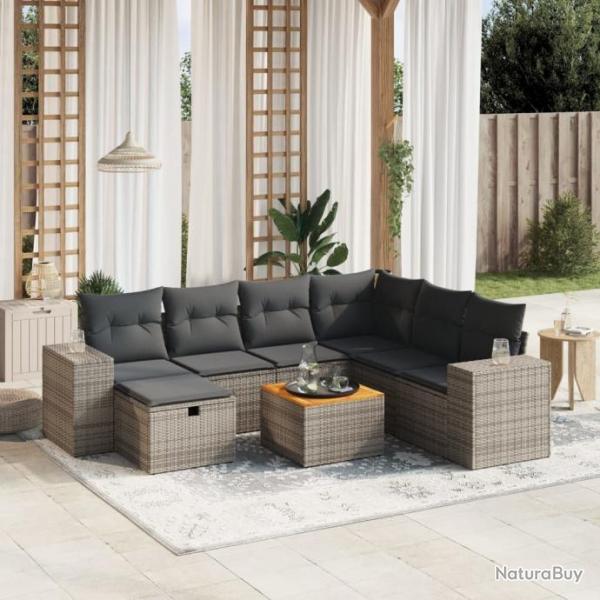 Salon de jardin 8 pcs avec coussins gris rsine tresse