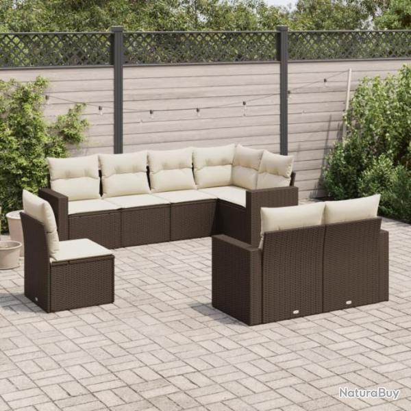 Salon de jardin 8 pcs avec coussins marron rsine tresse