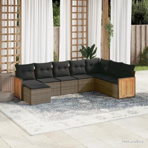 Salon de jardin 8 pcs avec coussins gris rsine tresse