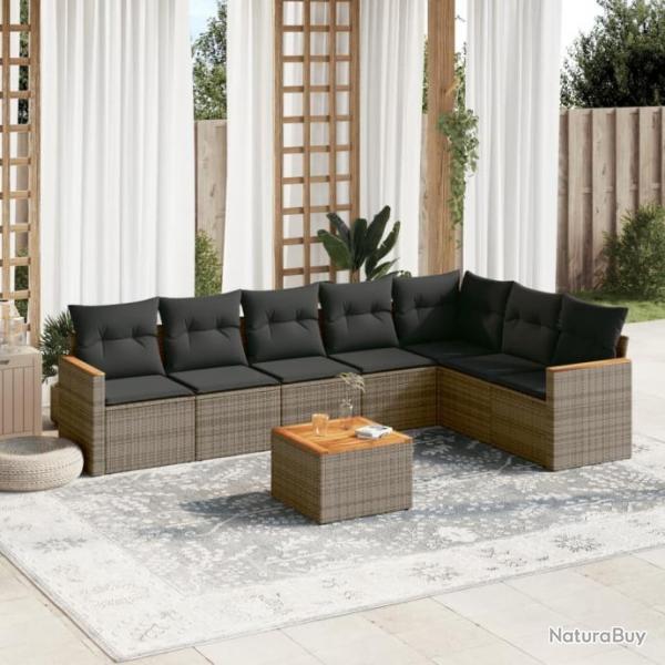 Salon de jardin 8 pcs avec coussins gris rsine tresse