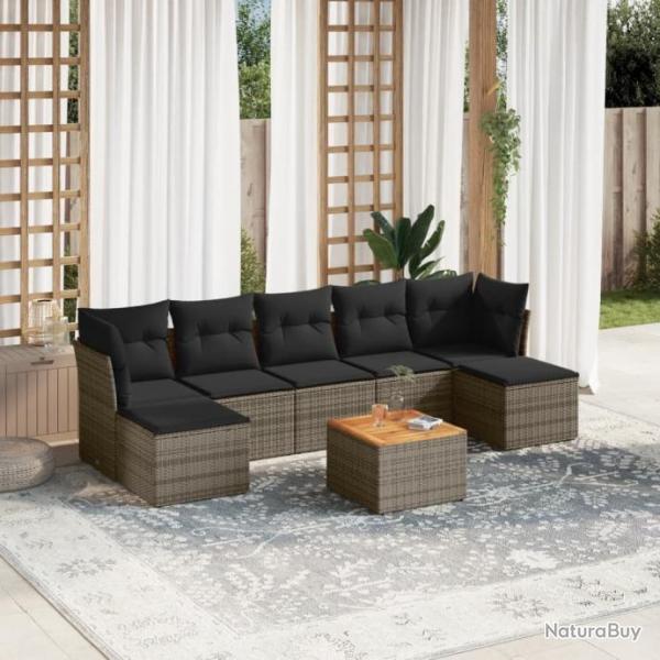 Salon de jardin 8 pcs avec coussins gris rsine tresse