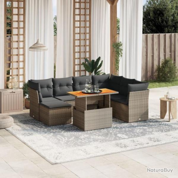 Salon de jardin 8 pcs avec coussins gris rsine tresse