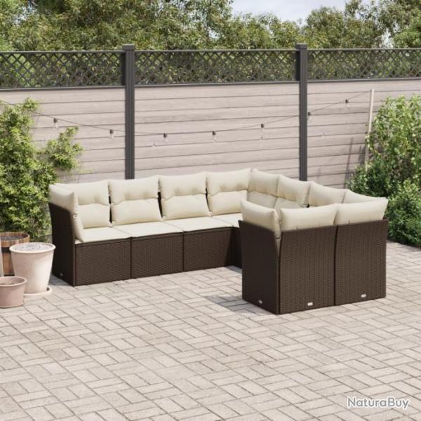 Salon de jardin 8 pcs avec coussins marron rsine tresse