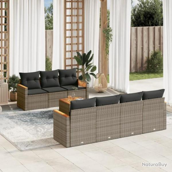 Salon de jardin 8 pcs avec coussins gris rsine tresse