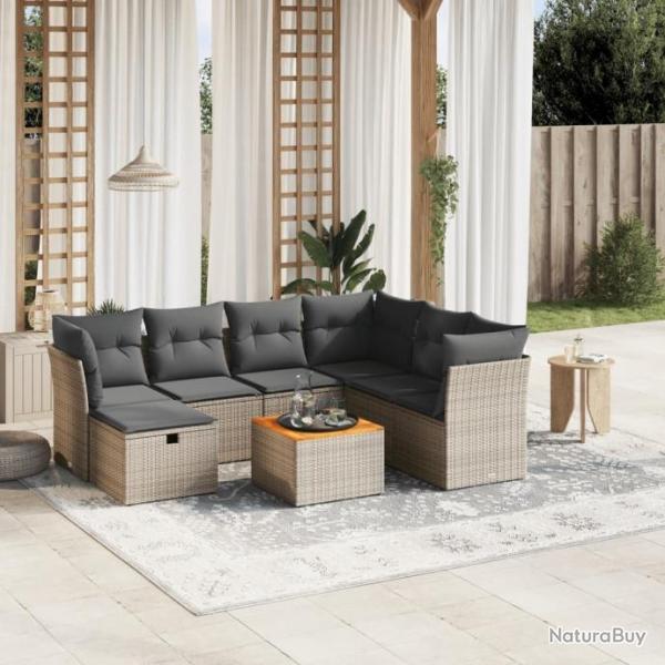 Salon de jardin 8 pcs avec coussins gris rsine tresse