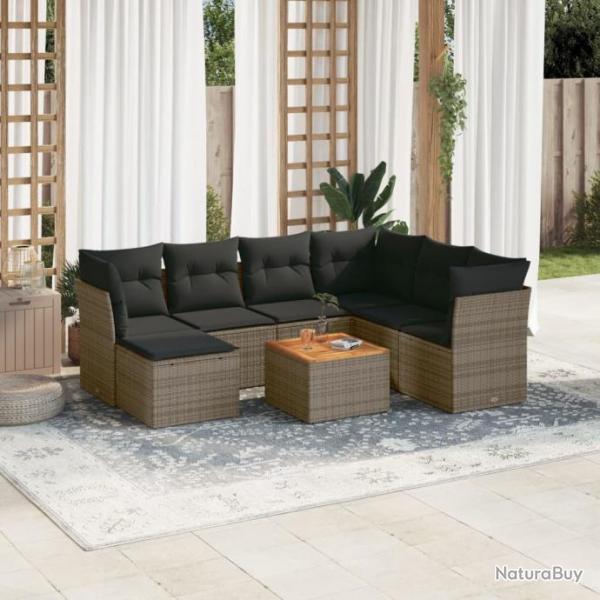 Salon de jardin 8 pcs avec coussins gris rsine tresse