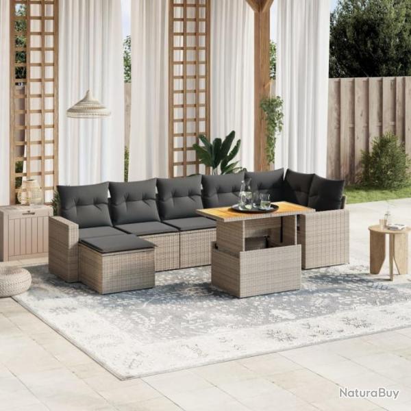 Salon de jardin 8 pcs avec coussins gris rsine tresse