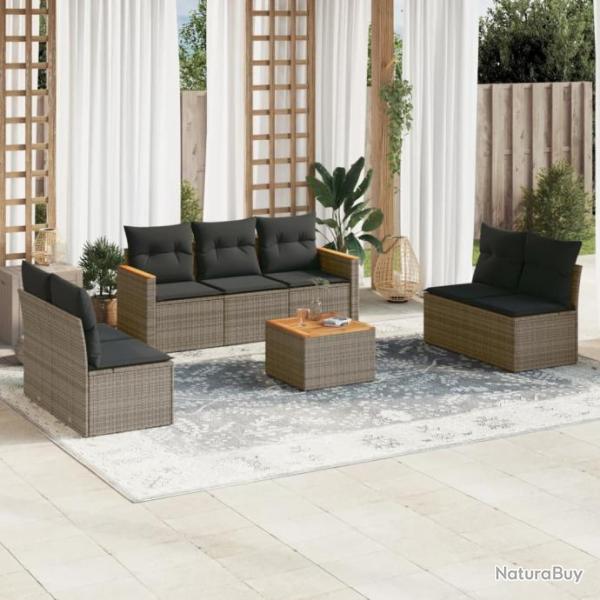 Salon de jardin 8 pcs avec coussins gris rsine tresse