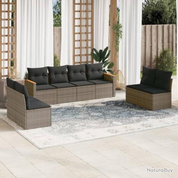 Salon de jardin 8 pcs avec coussins gris rsine tresse