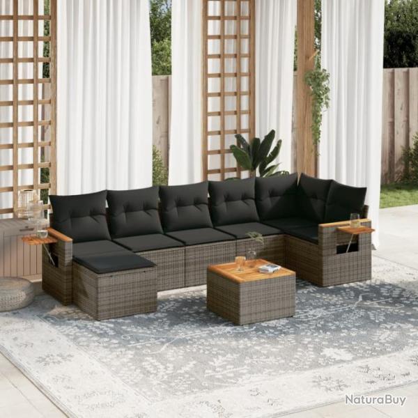 Salon de jardin 8 pcs avec coussins gris rsine tresse