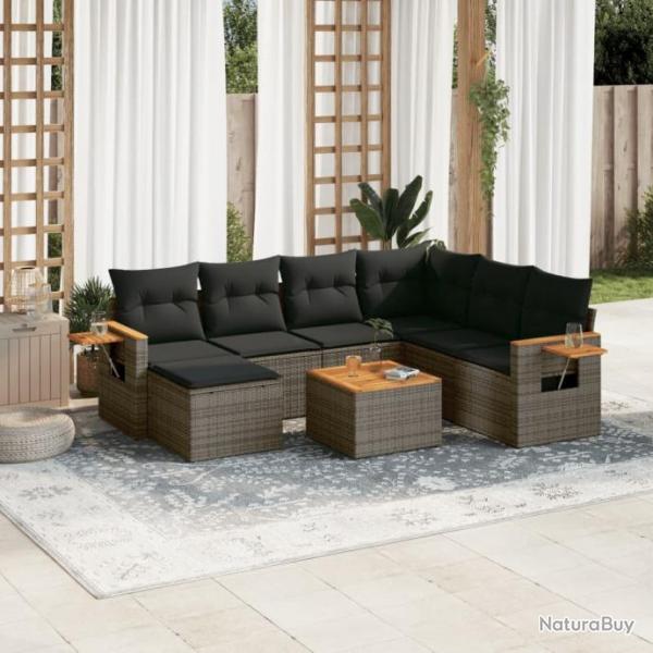 Salon de jardin 8 pcs avec coussins gris rsine tresse