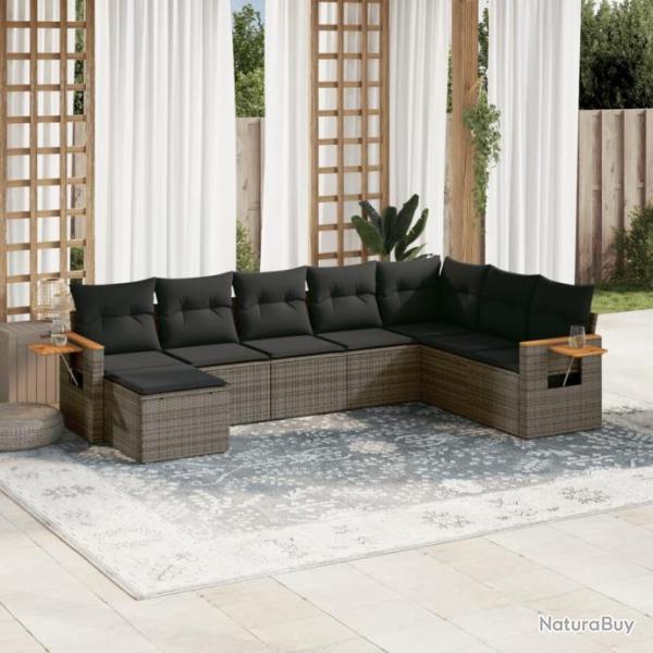 Salon de jardin 8 pcs avec coussins gris rsine tresse