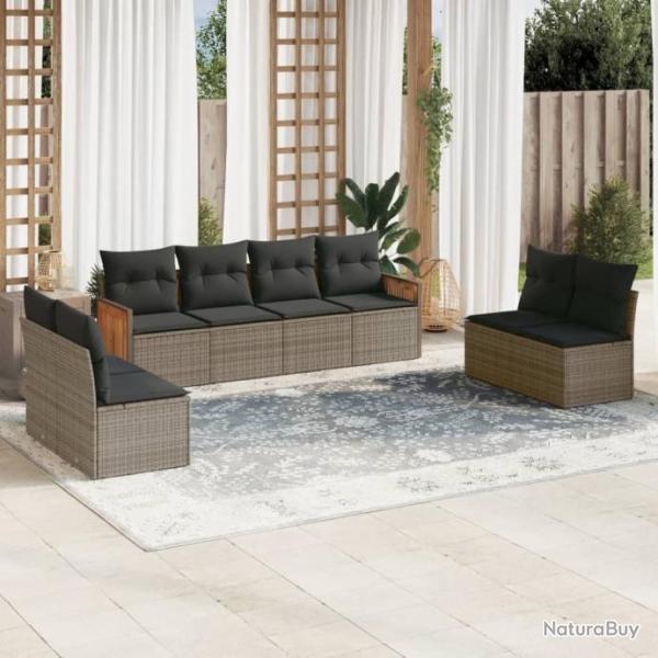 Salon de jardin 8 pcs avec coussins gris rsine tresse