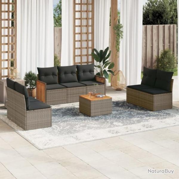 Salon de jardin 8 pcs avec coussins gris rsine tresse