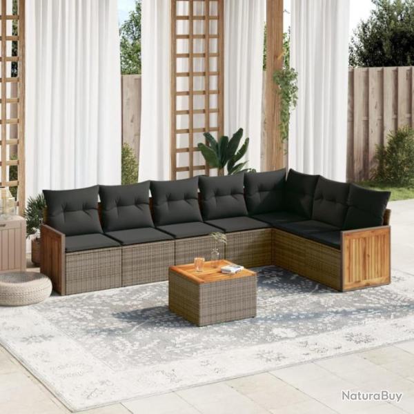 Salon de jardin 8 pcs avec coussins gris rsine tresse