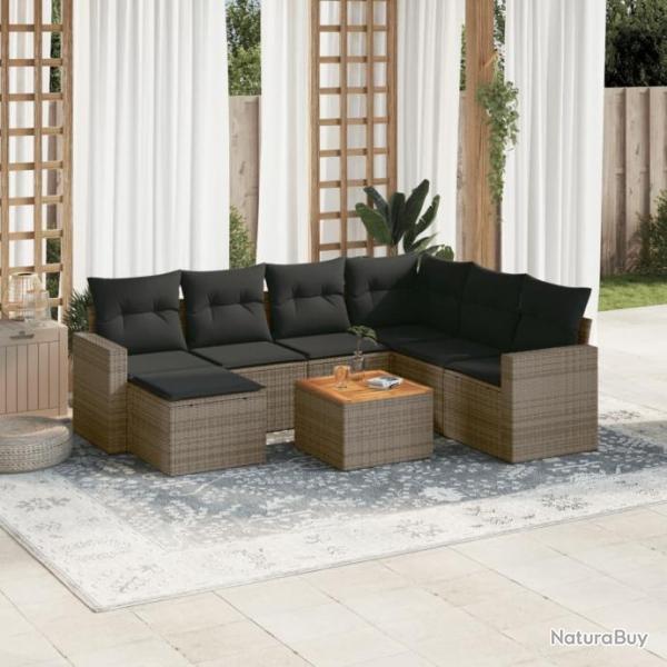 Salon de jardin 8 pcs avec coussins gris rsine tresse