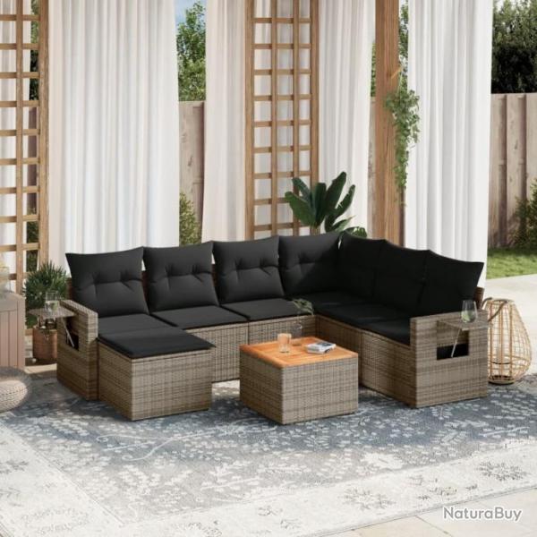 Salon de jardin 8 pcs avec coussins gris rsine tresse