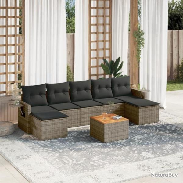 Salon de jardin 8 pcs avec coussins gris rsine tresse