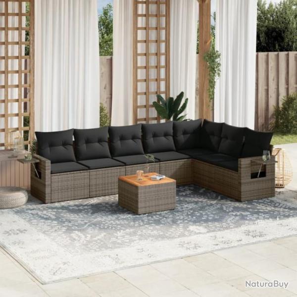 Salon de jardin 8 pcs avec coussins gris rsine tresse