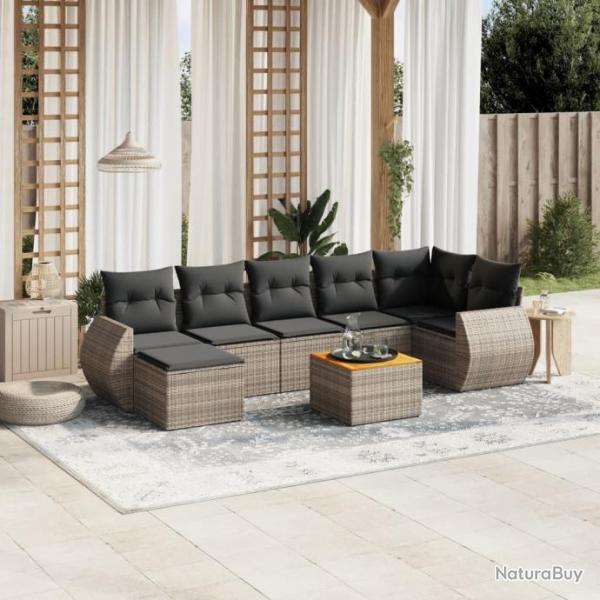 Salon de jardin 8 pcs avec coussins gris rsine tresse