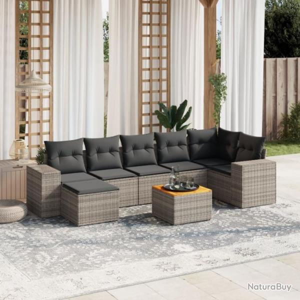 Salon de jardin 8 pcs avec coussins gris rsine tresse