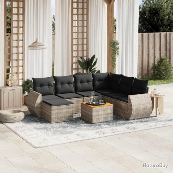 Salon de jardin 8 pcs avec coussins gris rsine tresse