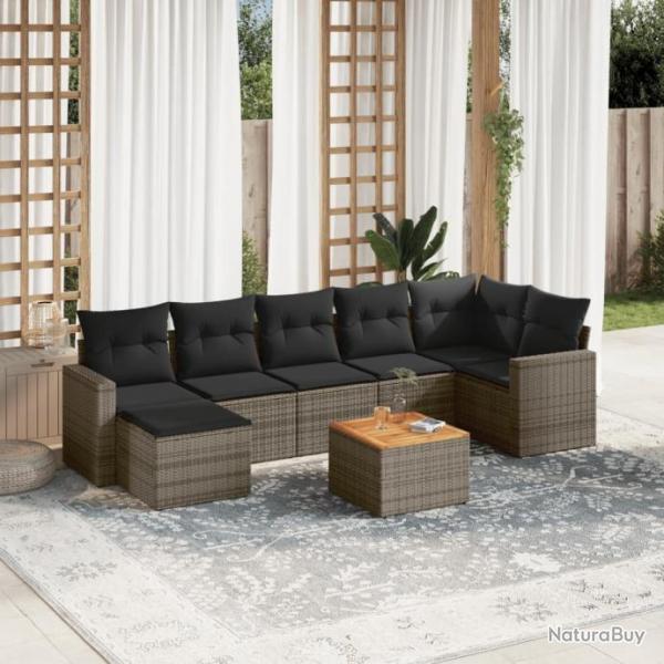 Salon de jardin 8 pcs avec coussins gris rsine tresse