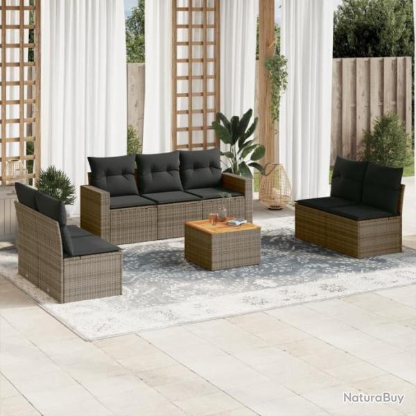 Salon de jardin 8 pcs avec coussins gris rsine tresse