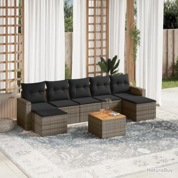 Salon de jardin 8 pcs avec coussins gris rsine tresse