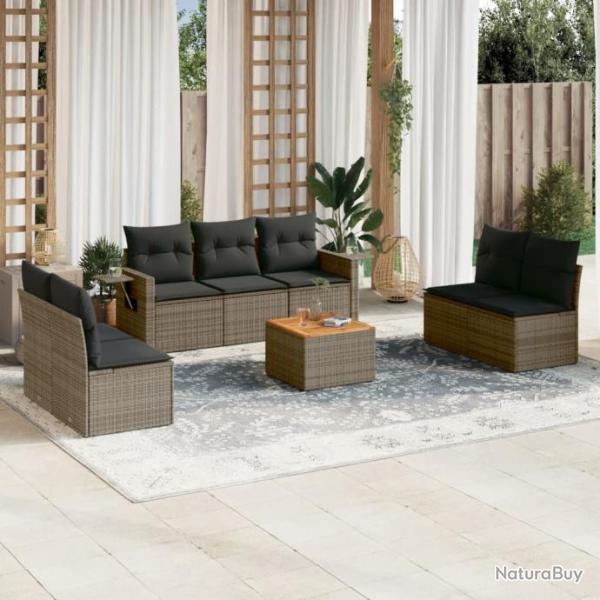 Salon de jardin 8 pcs avec coussins gris rsine tresse