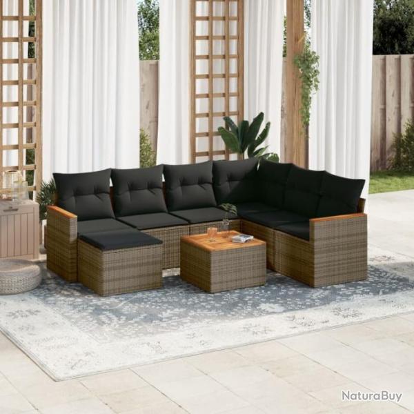 Salon de jardin 8 pcs avec coussins gris rsine tresse