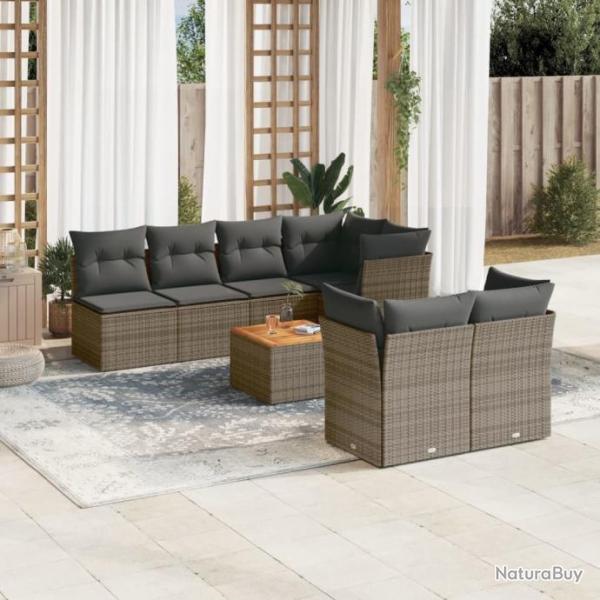 Salon de jardin 8 pcs avec coussins gris rsine tresse