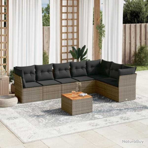 Salon de jardin 8 pcs avec coussins gris rsine tresse