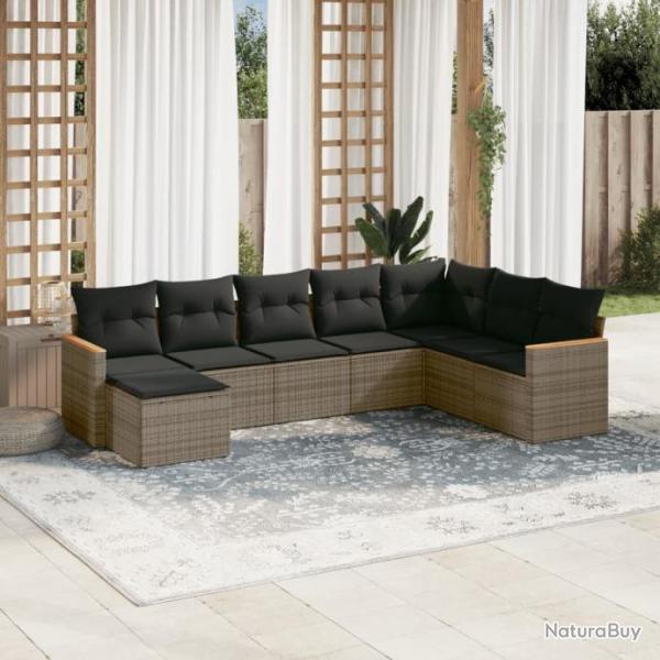 Salon de jardin 8 pcs avec coussins gris rsine tresse