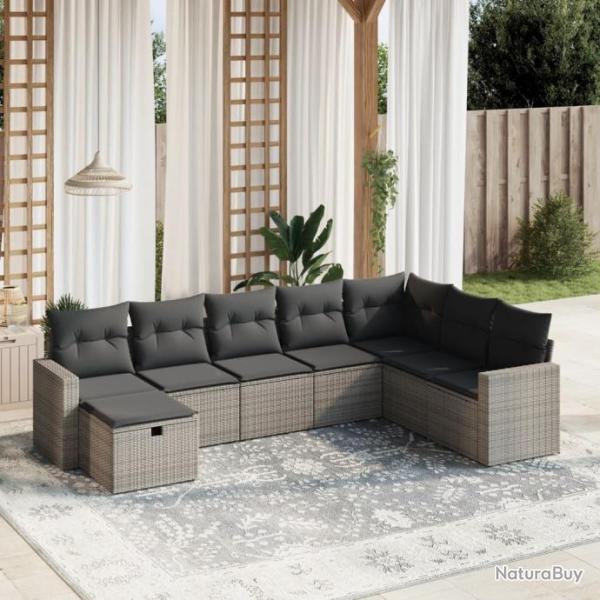 Salon de jardin 8 pcs avec coussins gris rsine tresse