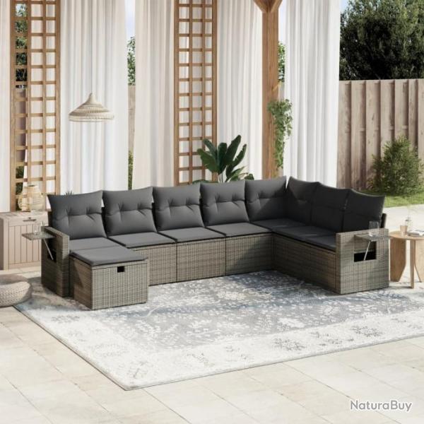 Salon de jardin 8 pcs avec coussins gris rsine tresse