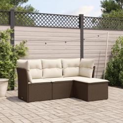 Salon de jardin 4 pcs avec coussins marron résine tressée