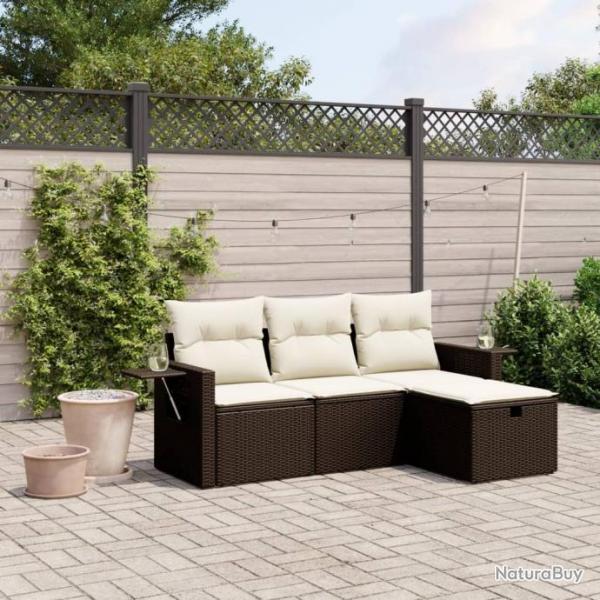 Salon de jardin 4 pcs avec coussins marron rsine tresse