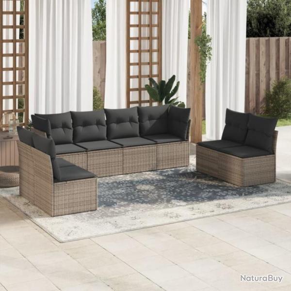 Salon de jardin 8 pcs avec coussins gris rsine tresse