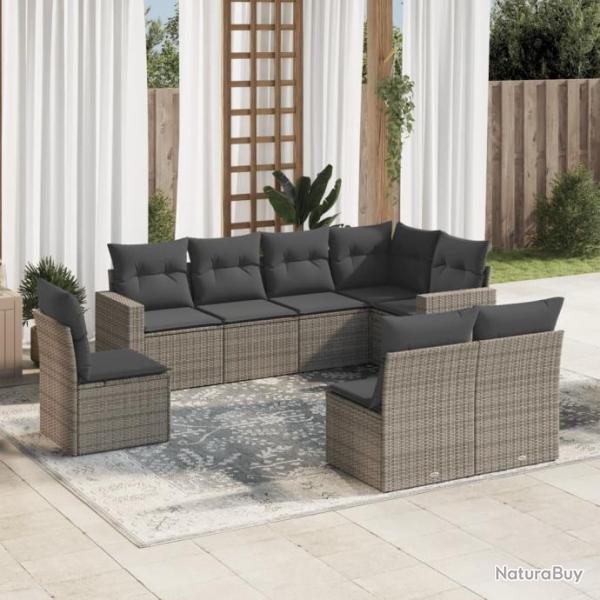 Salon de jardin 8 pcs avec coussins gris rsine tresse