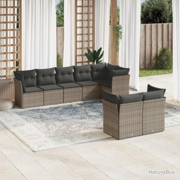 Salon de jardin 8 pcs avec coussins gris rsine tresse