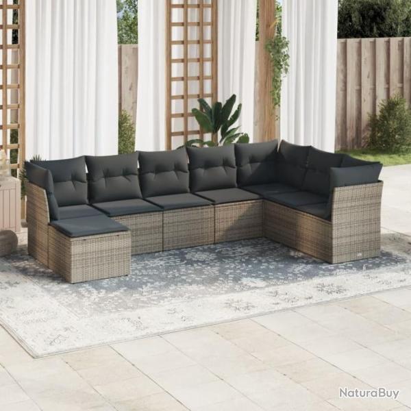 Salon de jardin 8 pcs avec coussins gris rsine tresse