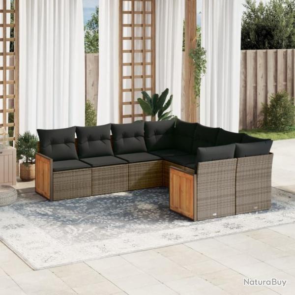 Salon de jardin 8 pcs avec coussins gris rsine tresse